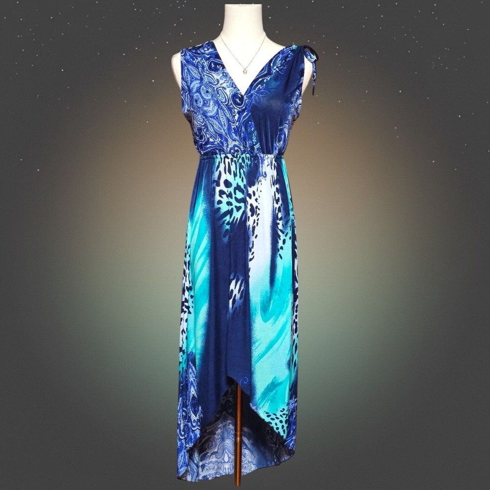 Julia Blue Paisley Animal Print High Low Maxi Dress Sleeveless V-Neck Medium New
